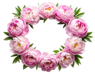 Delicate circular floral frame made of lush pink peony blossoms arranged around the edges on a transparent background