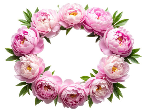 Delicate circular floral frame made of lush pink peony blossoms arranged around the edges on a transparent background