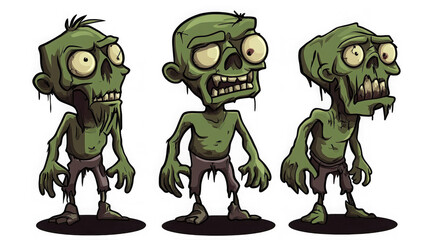 A trio of distinct green-skinned cartoon zombies with bulging eyes and menacing grins stands together on a dark background, showcasing various undead expressions.