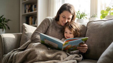 A cute small girl with mother on sofa indoors at home, reading book