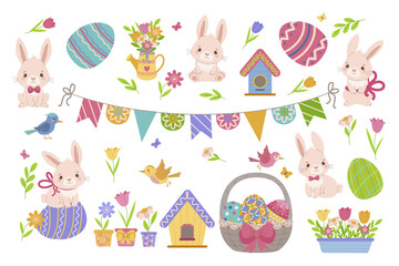 Adorable vector illustration featuring playful bunnies, colorful Easter eggs, and festive spring decorations. Perfect for celebrating Easter with cheerful and whimsical designs.