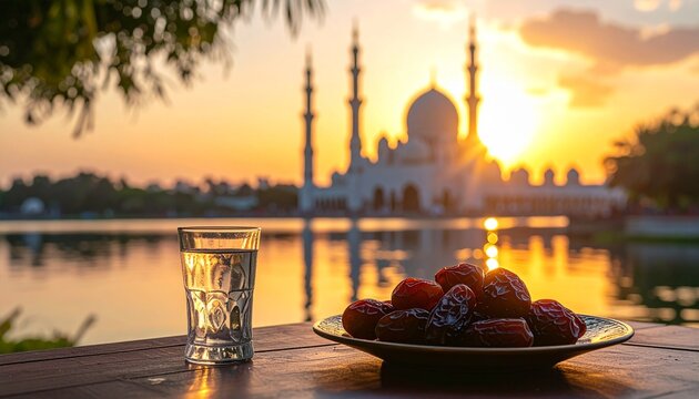 Dates and water with sri sendayan mosque in the background, perfect for travel brochures, cultural websites, or islamicthemed designs.