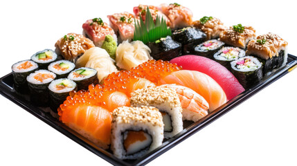 A tray of assorted sushi rolls and sashimi, isolated on a transparent background