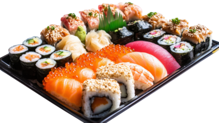 A tray of assorted sushi rolls and sashimi, isolated on a transparent background