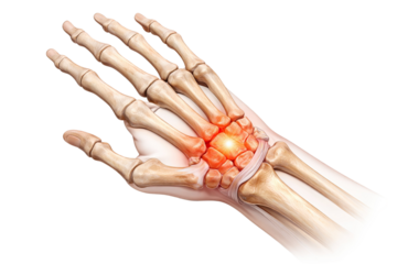 Human hand wrist joint inflammation pain with skeletal anatomy medical illustration bone injury isolated on white background