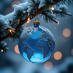 Globe ornament on snowy branch