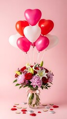 Celebratory bouquet with heart balloons