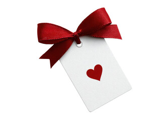 White gift tag with red heart and satin ribbon image, Isolated, Png Transparent Background