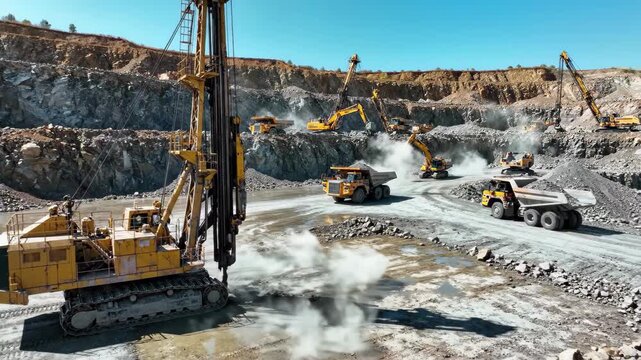 Large yellow drilling rig operating in an active openpit mine with haul trucks and excavators working on rock excavation under a clear blue sky, 4k