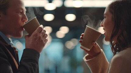 Two colleagues toasting with hot beverages in a modern office environment