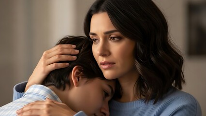 A compassionate woman with dark hair gently embraces a child, who rests their head on her shoulder, conveying comfort and support.
