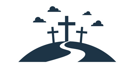 Silhouette of three crosses on hill with winding path beneath floating clouds depicts religious scene of faith and spiritual peace.