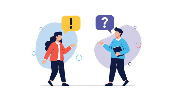Two people walking and talking with speech bubbles containing exclamation and question marks symbolizes active dialogue and inquiry.