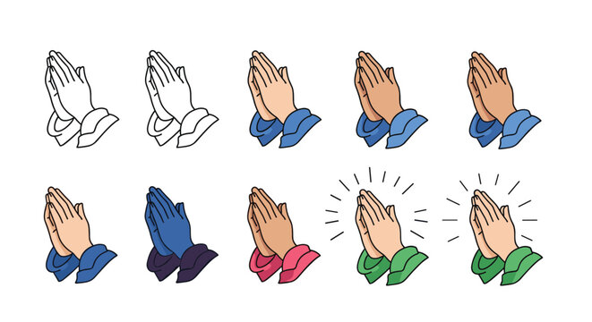 Collection of hands in prayer position shown in various styles including line art, flat color, and glowing effects for religious or spiritual design.