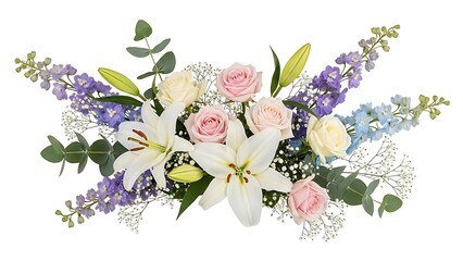 Elegant floral arrangement with white lilies, pink and cream roses, purple and blue delphiniums, baby's breath, and eucalyptus leaves on a white background.