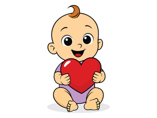 Fototapeta premium Cute baby holding a red heart with a happy smile. Sweet Valentine illustration perfect for nursery art, kids products, cards, and gifts.