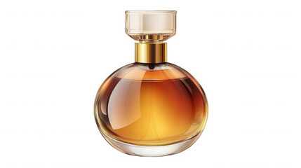 A luxurious, clear glass perfume bottle with a golden cap and collar, elegantly displays an amber-colored fragrance against a stark black background.