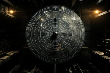 Futuristic circular radar screen displaying a target in a dark, gritty industrial setting with glowing lights