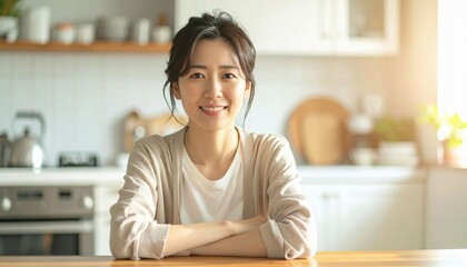 キッチンで微笑む女性のポートレート