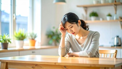 頭を抱えて一人で悩む女性