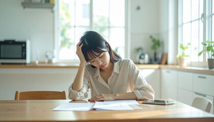 テーブルに資料を広げ悩む女性