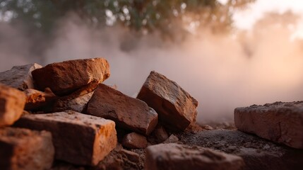 Broken bricks lie scattered in a dusty atmosphere with soft warm light at dawn
