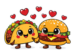 Obraz premium Cute taco and burger couple in love with hearts. Funny Valentine food illustration ideal for playful designs, stickers, shirts, and food lovers gifts.