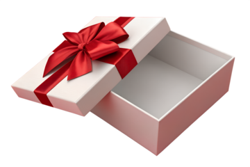 Open White Gift Box with Red Ribbon and Bow on Red Background
