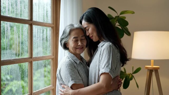 Tender embrace between an elderly mother and her adult daughter, sharing a loving moment of intergenerational family connection and care at home by...