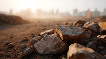 Close up of textured rocks scattered on dry dusty ground in warm hazy sunlight