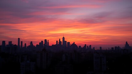 Fototapeta premium Vibrant city skyline at sunset
