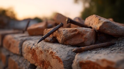 Fototapeta premium Rusty metal nails scattered on rough broken bricks during twilight illuminated by soft warm ambient light
