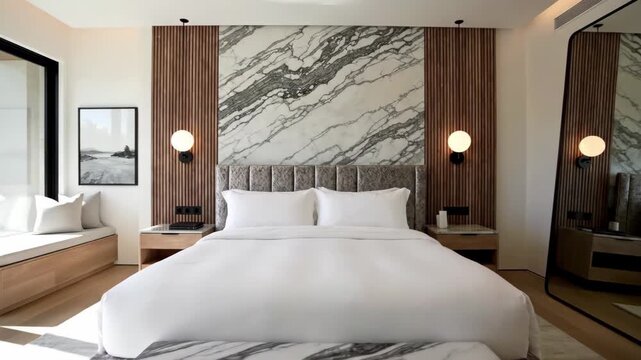 Luxurious modern bedroom with marble accents, wood paneling, large window, and fulllength mirror, 4k