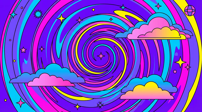 ポップで幻想的でカラフルな渦と雲のイラスト背景