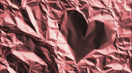 Crinkled metallic foil with a heart-shaped hollow in the center, pinkish red reflections and textured folds.