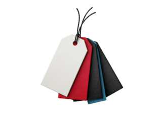 White red black blue textured paper tags tied together image, Isolated, Png Transparent Background