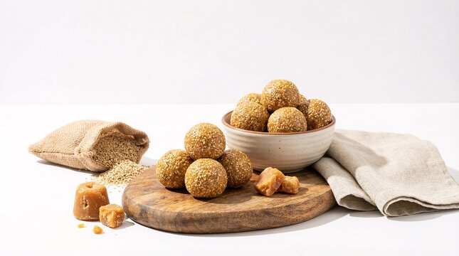 Delicious sesame seed balls on wooden board with jaggery and grains