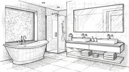 Modern Bathroom Design Sketch with Bathtub and Double Vanity. © Dion