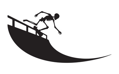 Skeleton Skateboarding Silhouette on Curved Ramp, Dark Minimal Vector Illustration.