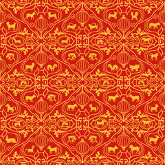 Fototapeta premium Lunar new year of opulent seamless pattern in red and gold, featuring intricate symmetrical designs with stylized zodiac animals and floral motifs.
