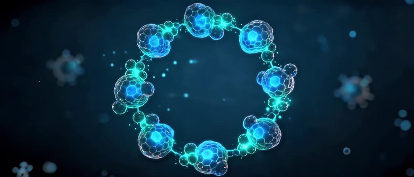 Digital representation of interconnected cellular structures forming a cyclical network, symbolizing advanced biological research and technological innovation in a futuristic context