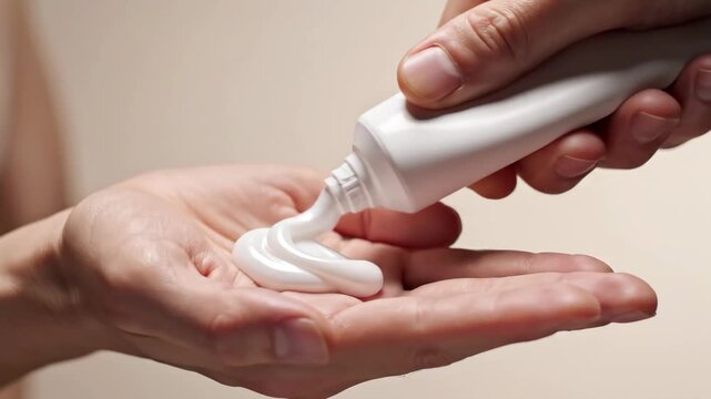 Person squeezing white cream or ointment from a tube onto their open palm for application, 4k