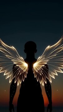 Silhouette figure with glowing energy wings fluttering gently