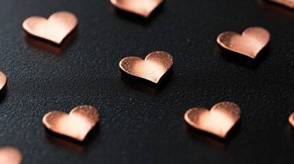 Copper heart shaped metal pieces scattered on a dark textured surface.