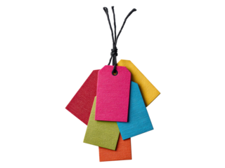 Colorful textured paper tags tied together with black string image, Isolated, Png Transparent Background