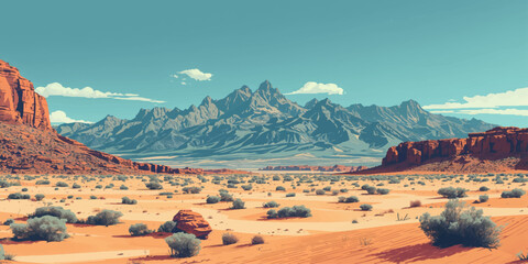 A scenic summer panorama of a winding road through a rocky mountain valley under a sunset sky with clouds and snow-capped peaks © mahabubmorshed