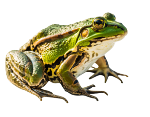 A green frog sitting on a black background looking to the right