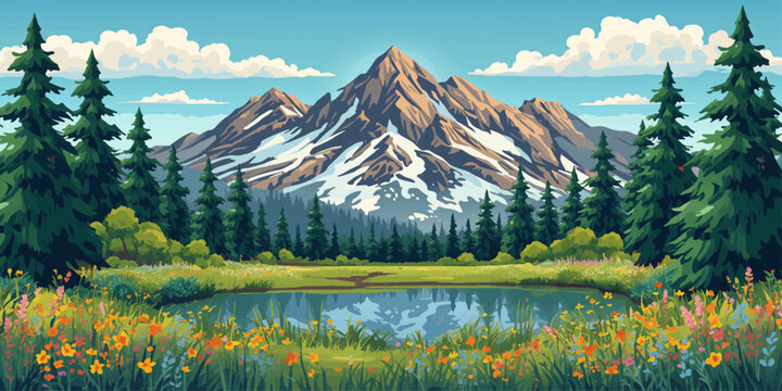 Scenic panorama of a green summer forest and snow capped mountain peaks reflecting in the crystal clear water of a blue alpine lake under a cloudy sky in a national park valley