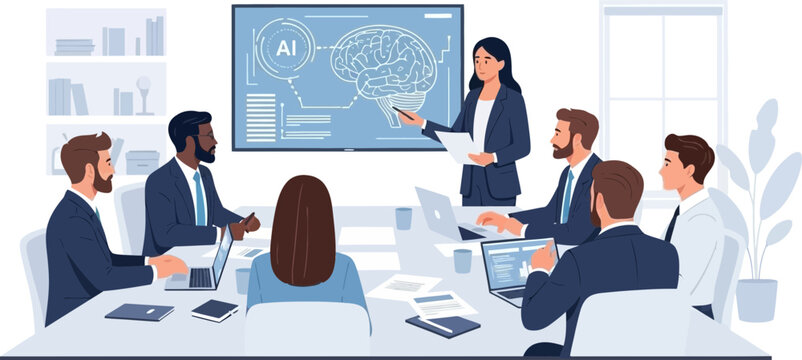 Business Meeting with Female Presenter Using Digital Smartboard