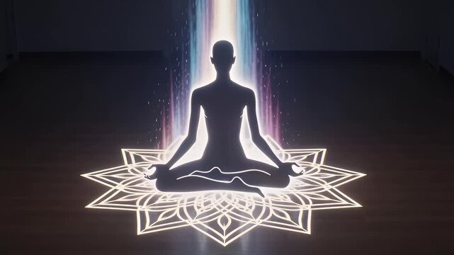 Human silhouette meditating with energy beam and glowing mandala